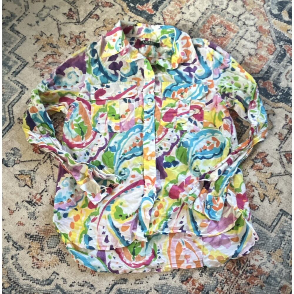 Lauren Ralph Lauren Multicolor Abstract Cotton Silk Long Sleeve Collared Shirt M